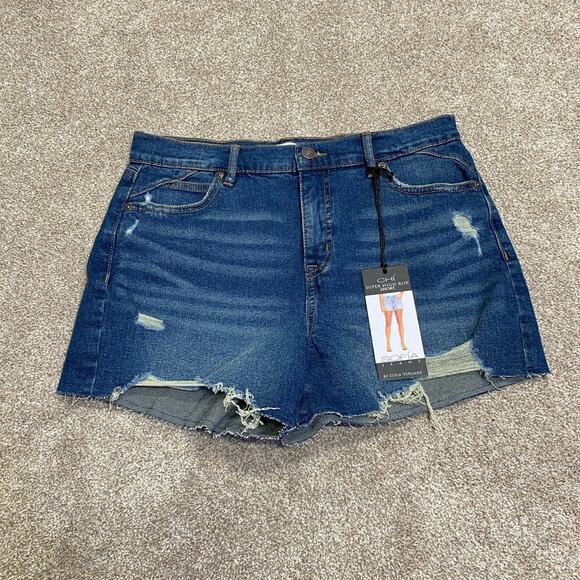 Sofia Jeans Stretch Denim Distressed Cutoff Chi Shorts 6 Frayed Hem Highwaisted - Picture 1 of 12